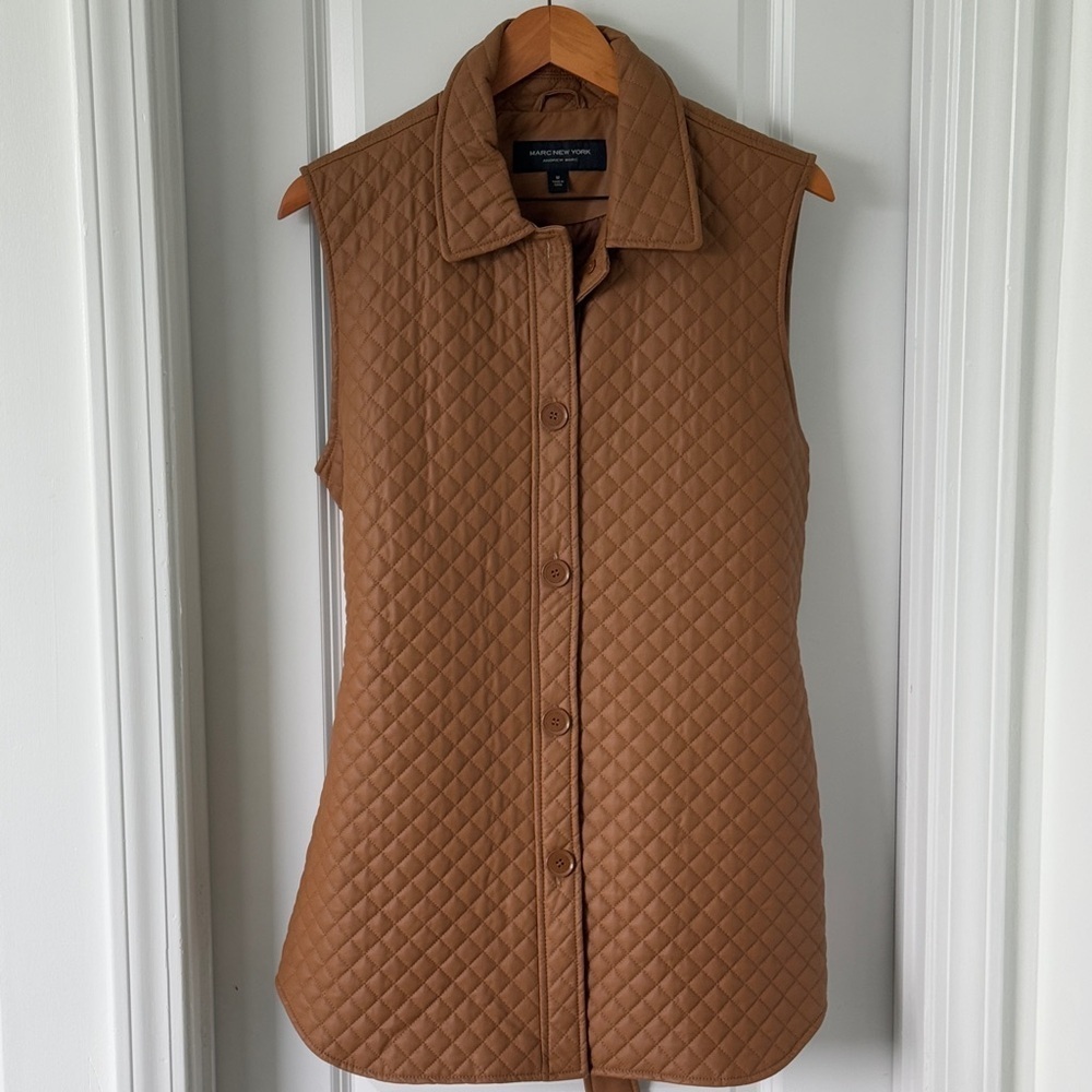 Marc New York Vest Jacket Womens Size M Sleeveless Faux Leather Belted Caramel
